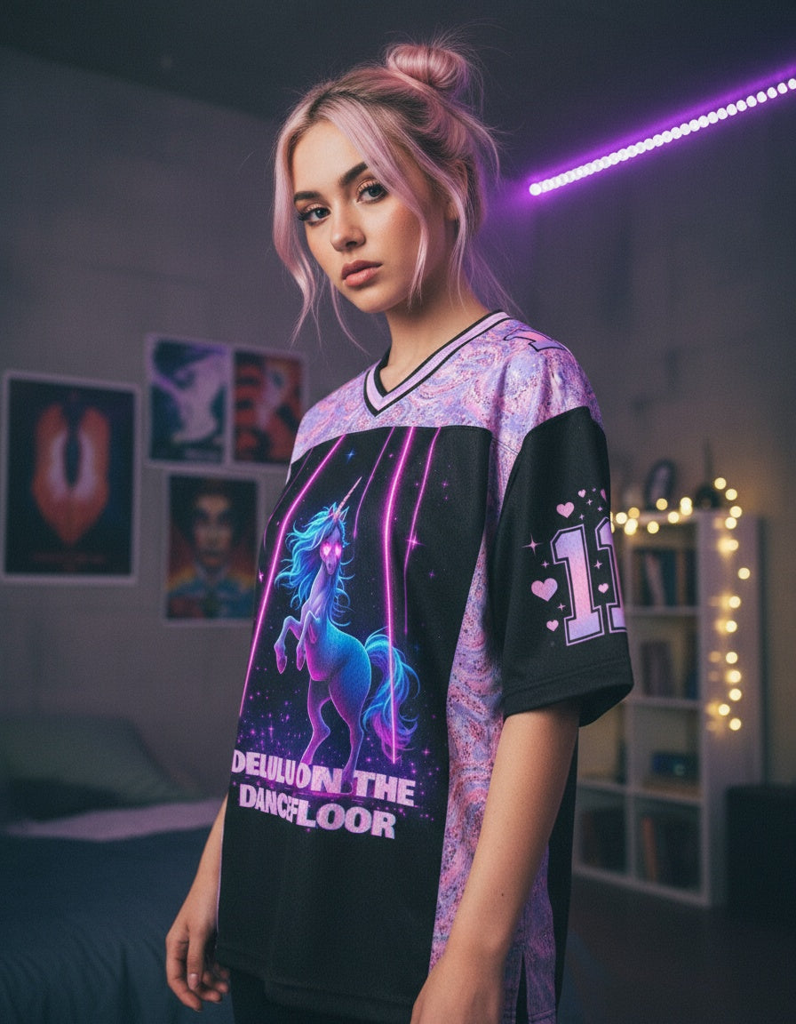 Delulu On The Dancefloor Mesh Jersey — worn by a model