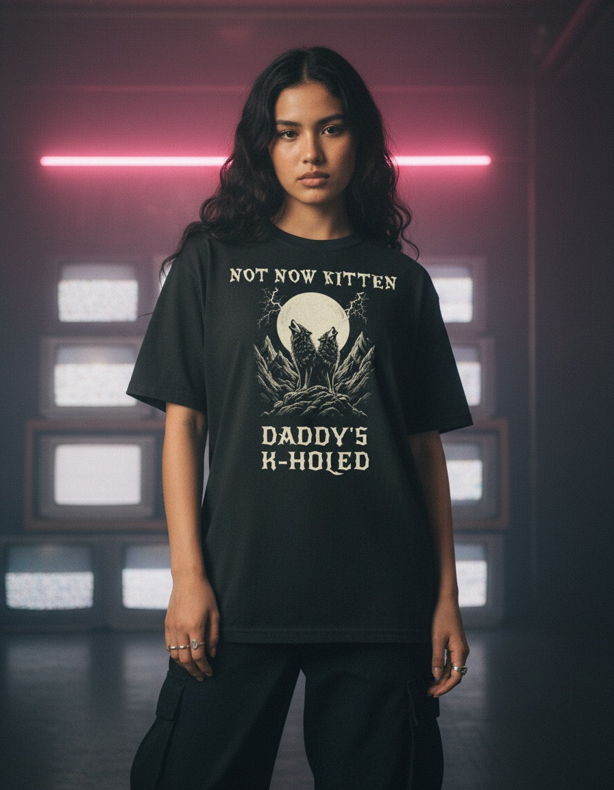 Not Now Kitten, Daddy's K-Holed Tee — worn by a model
