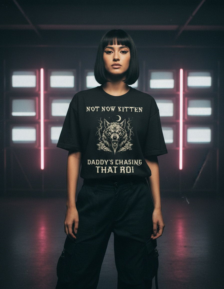 Not Now Kitten, Daddy's Chasing That ROI Tee — worn by a model