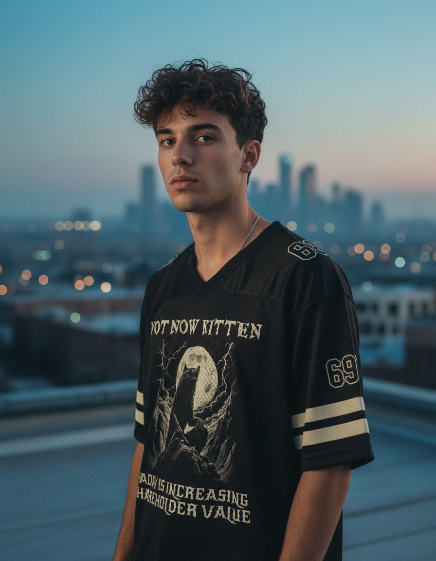 Not Now Kitten, Daddy Is Increasing Shareholder Value Mesh Jersey — worn by a model