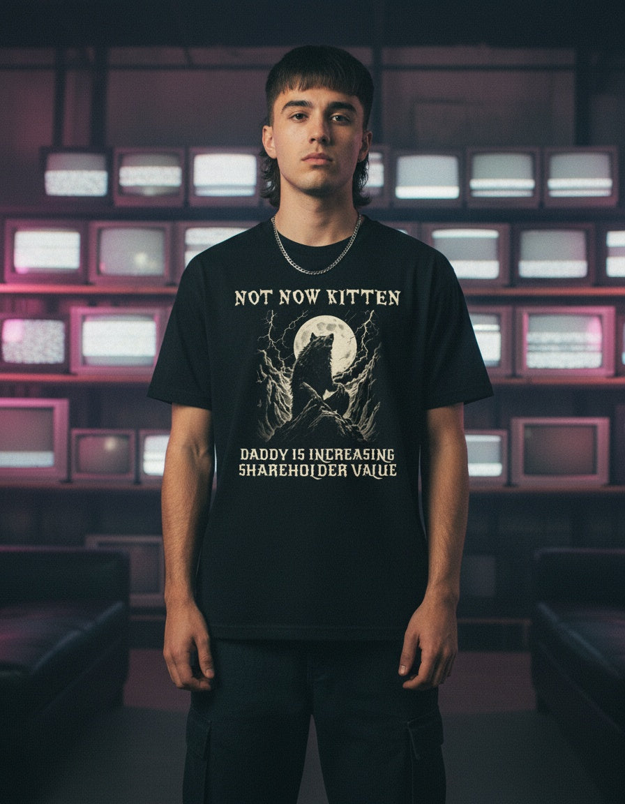 Not Now Kitten, Daddy Is Increasing Shareholder Value Tee — worn by a model