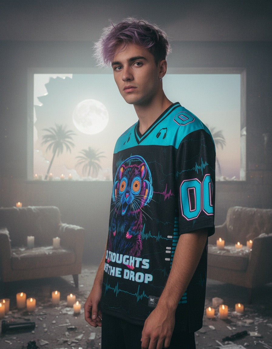 No Thoughts Just The Drop Mesh Jersey — worn by a model